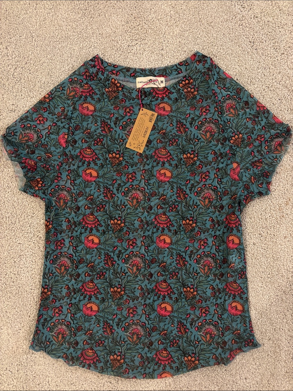 NATURAL LIFE Teal Floral Short Sleeve Tee with Pink & Orange Accents